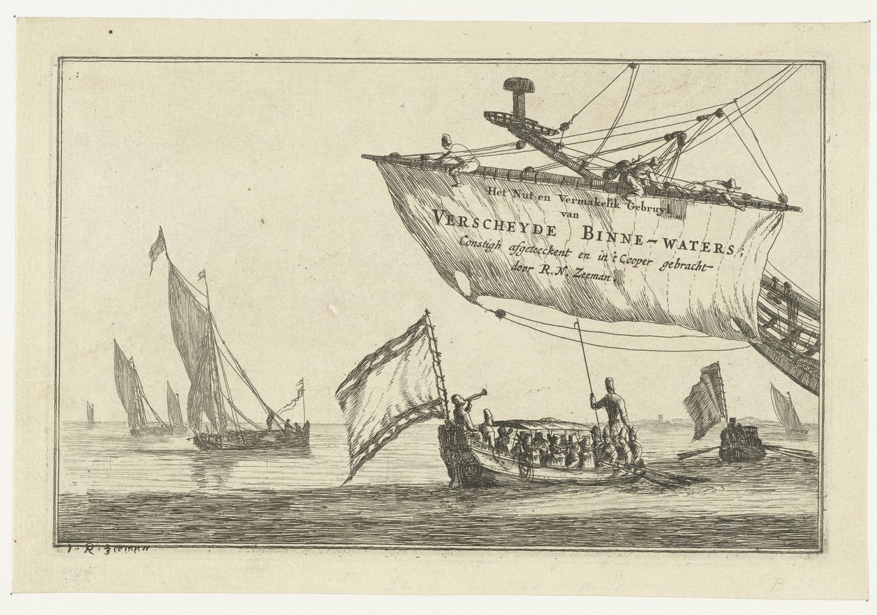 Staatsschaluppe und Segelschiffe auf ruhigem Wasser von Reinier Nooms