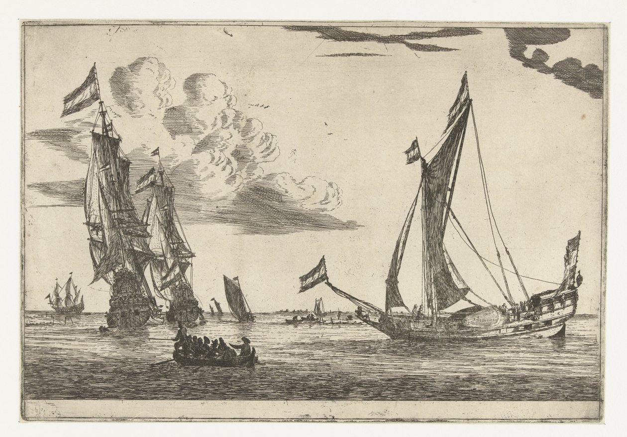 Zwei Kriegsschiffe und eine Yacht von Reinier Nooms