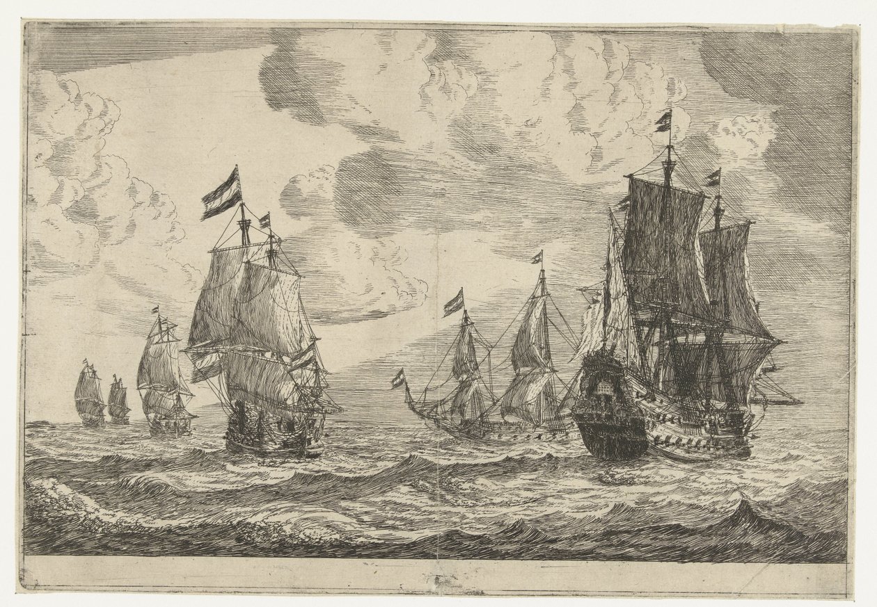 Sechs Segelschiffe auf offener See von Reinier Nooms