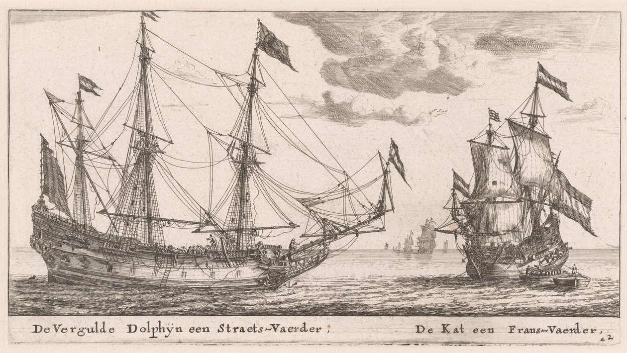 Die "Vergulde Dolphyn," ein großes Handelsschiff, und die "Kat," eine Flute von Reinier Nooms, called Zeeman