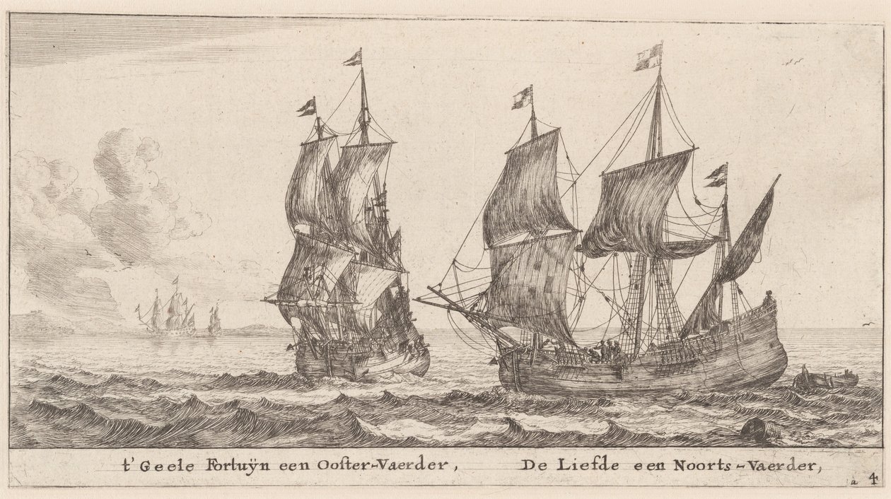 Zwei Handelsschiffe: die "Geele Fortuyn," Handel in der Ostsee, und die "Liefde," Handel in Norwegen von Reinier Nooms, called Zeeman
