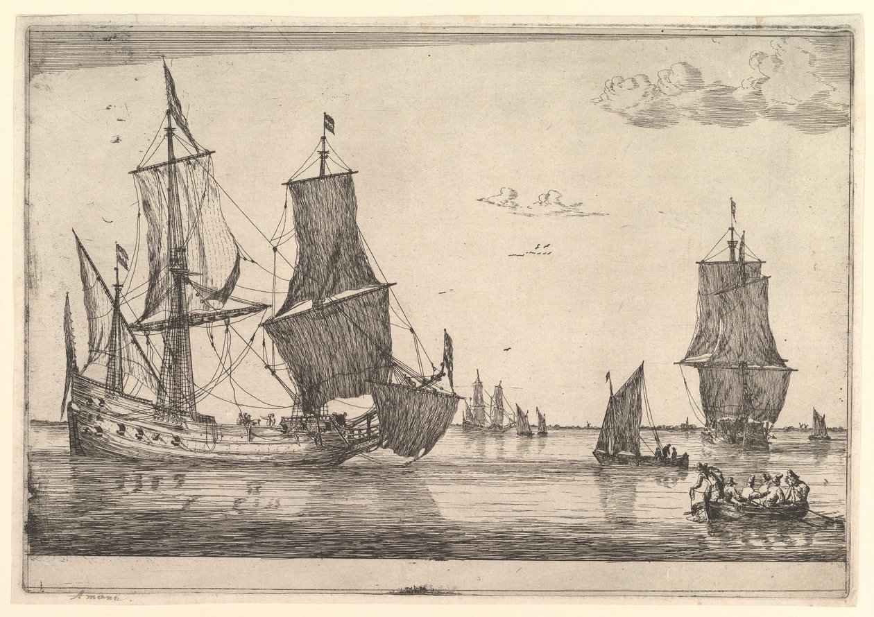 Großes Segelschiff und Ruderboot, 17. Jahrhundert von Reinier Zeeman