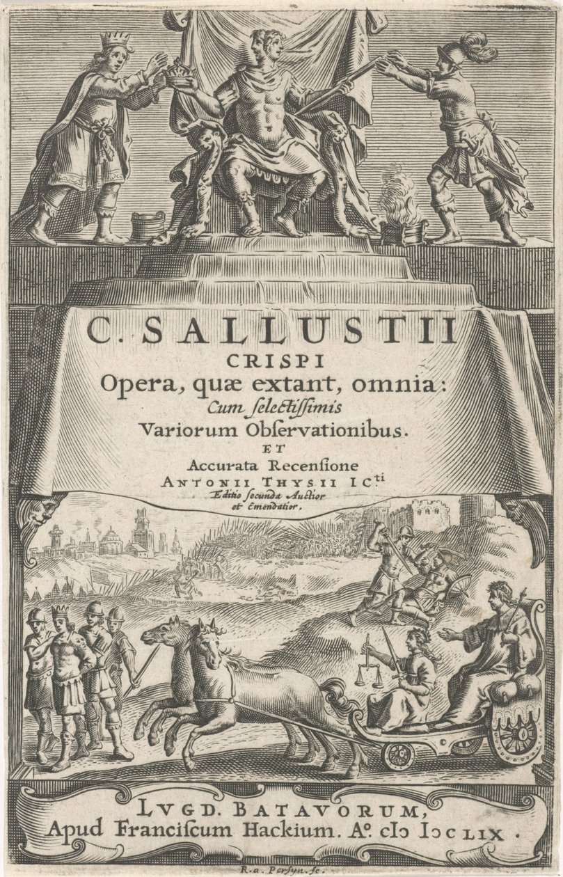 Ein Kaiser und Gerechtigkeit auf einem Triumphwagen
Titelblatt für: A. Thysius jr., Opera, quae extant, omnia, 1659 von Reinier van Persijn