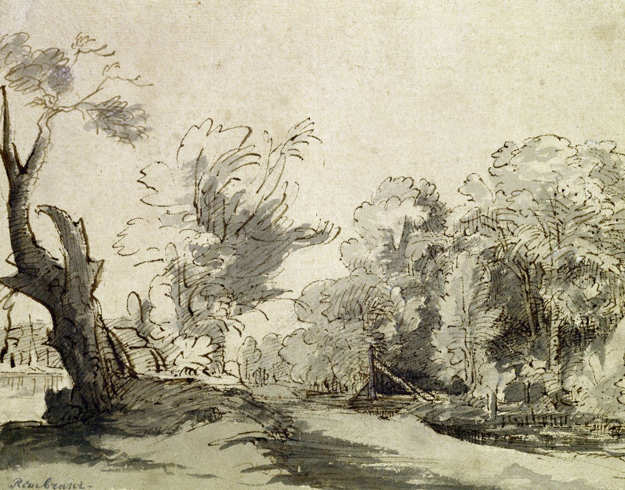 Landschaft mit einem Weg, einem fast toten Baum links und einer Fußbrücke, die zu einem Bauernhof rechts führt (Feder, Tinte und Waschung auf Papier) von Rembrandt van Rijn