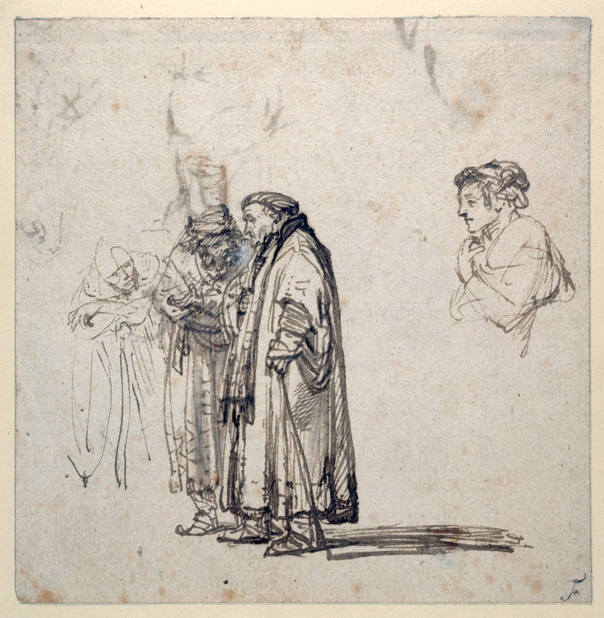 Eine Gruppe älterer Gelehrter und separat das Profil eines jüngeren Mannes von Rembrandt Harmensz. van Rijn