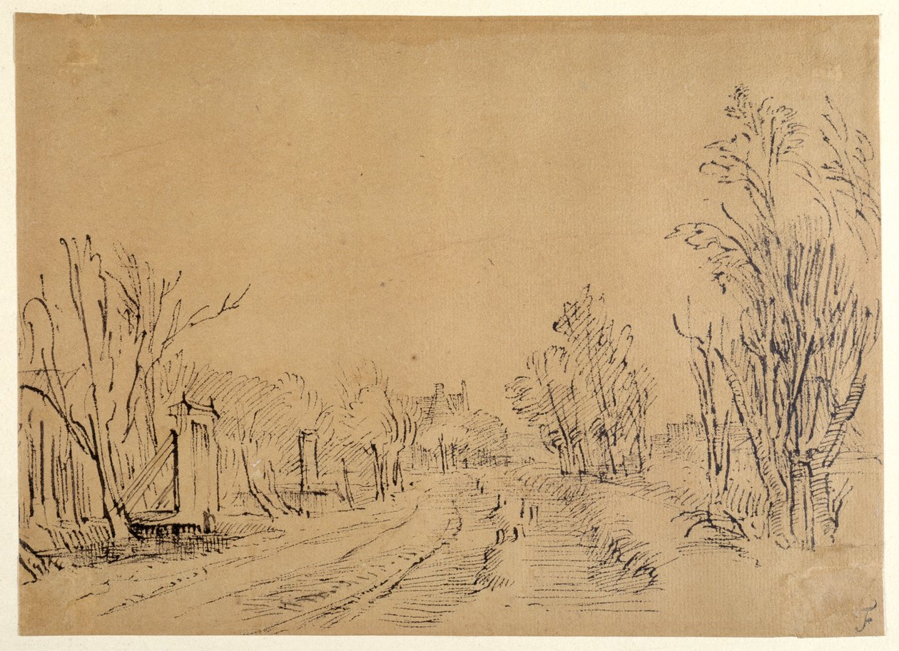 Eine Hauptstraße, die durch Bäume zu einem Haus führt (zwei Brücken und Torzugänge zum Deich) (Feder & Tinte auf braunem Papier) von Rembrandt Harmensz. van Rijn