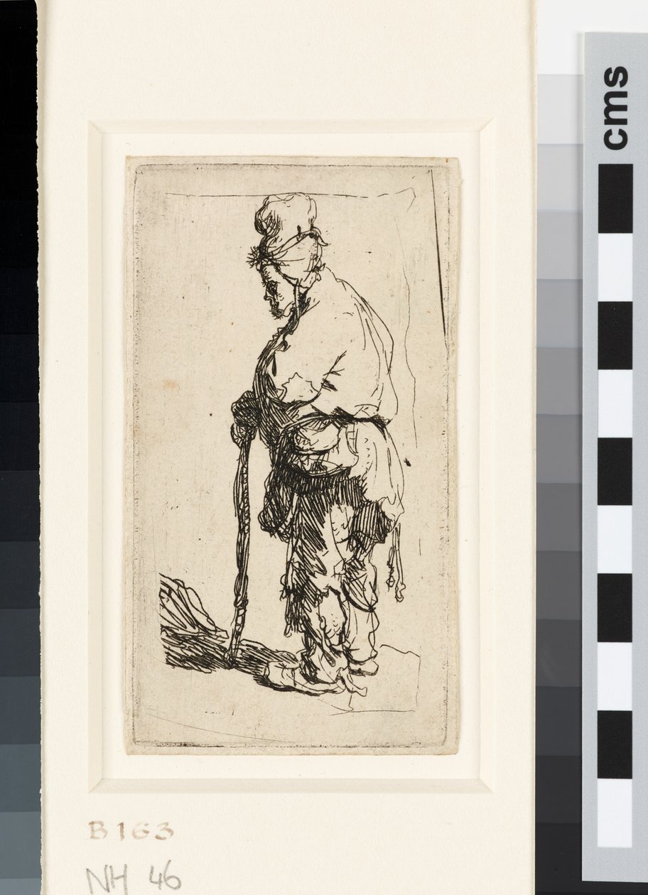 Bettler, der auf einem Stock lehnt von Rembrandt van Rijn