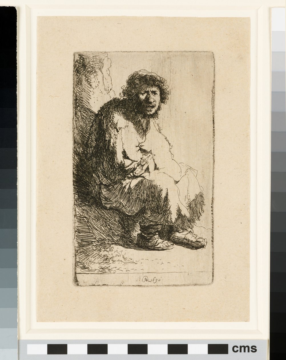 Bettler, der auf einer Bank sitzt von Rembrandt van Rijn