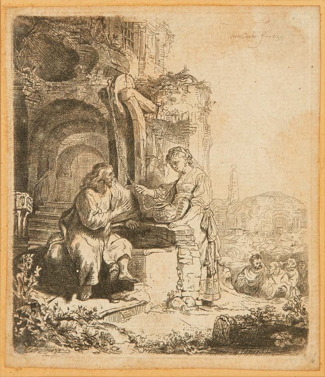 Christus und die Frau von Samaria, unter Ruinen von Rembrandt Harmensz. van Rijn