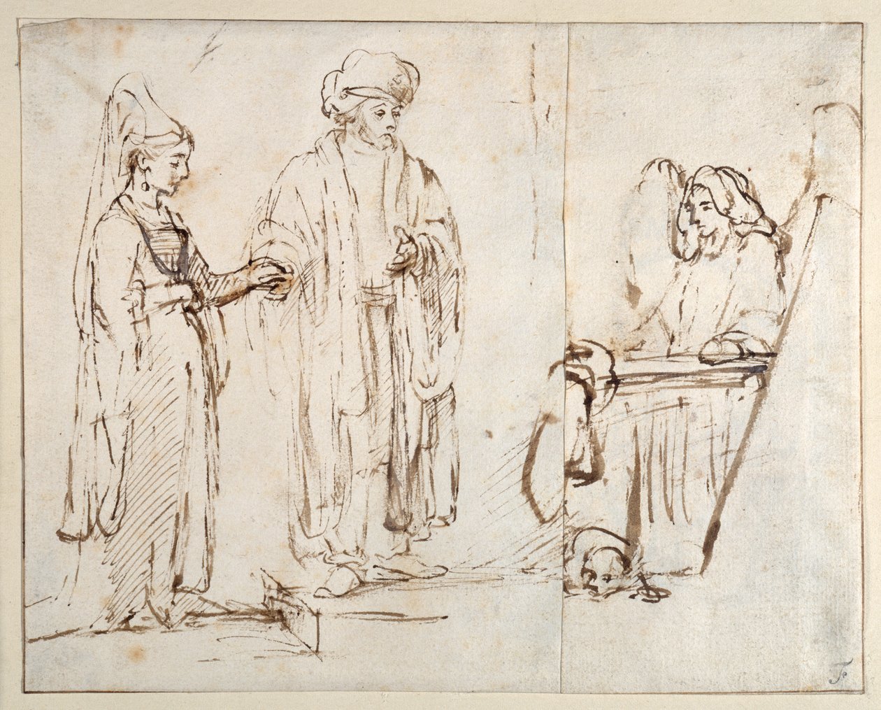 Laban bringt Leah zu Jakob, mit Jakob überlagert von einem Fragment einer anderen Zeichnung; ein Engel mit einem Hund zu seinen Füßen von Rembrandt Harmensz. van Rijn