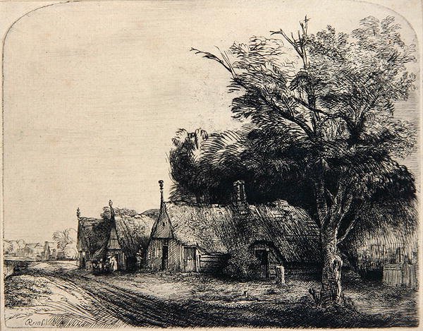 Landschaft mit drei Hütten von Rembrandt Harmensz. van Rijn