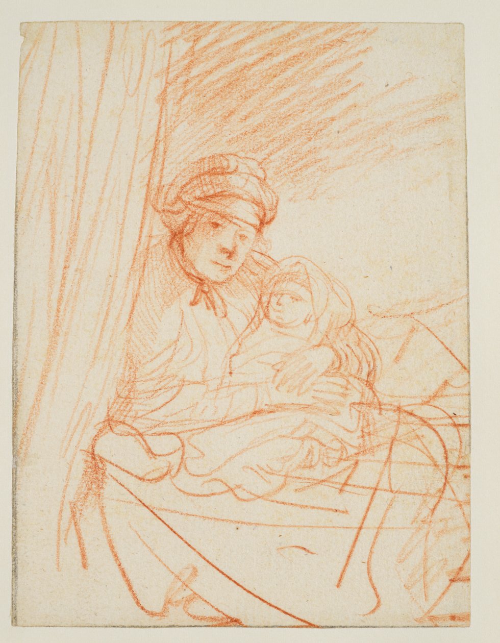 Saskia sitzt im Bett und hält ein Kind, 1635 circa von Rembrandt van Rijn