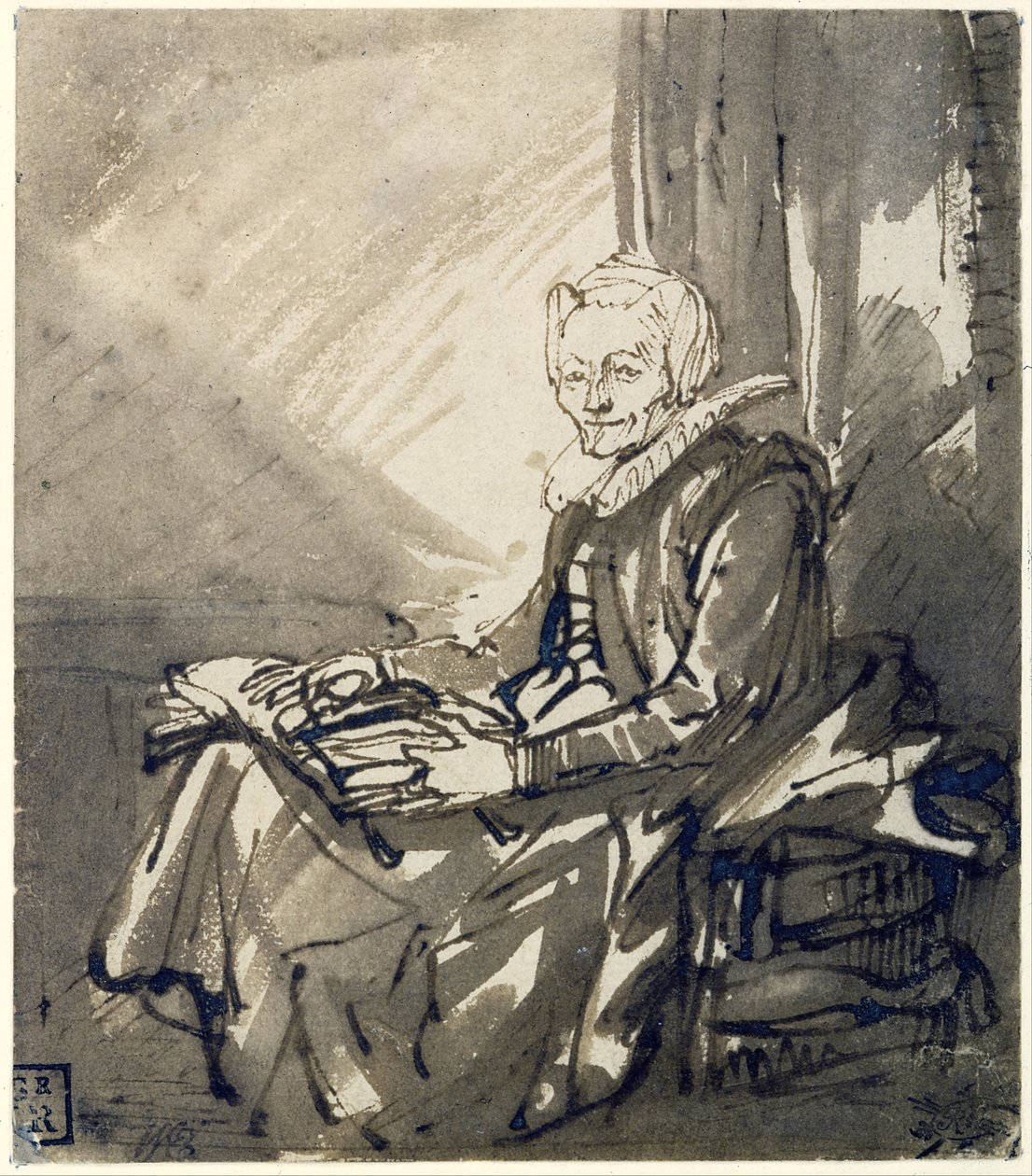 Sitzende Frau mit offenem Buch auf dem Schoß, um 1639 von Rembrandt Harmensz. van Rijn