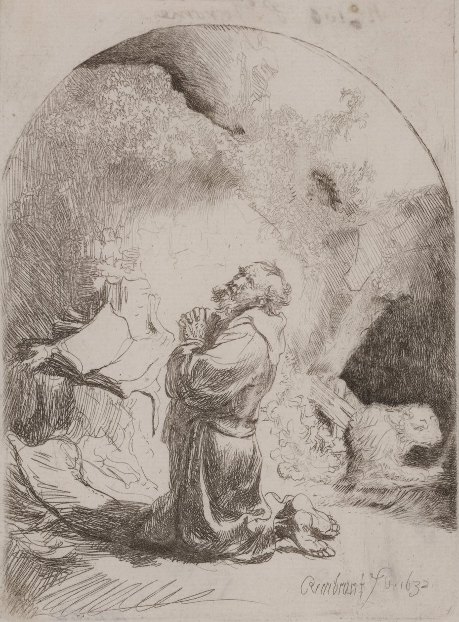 St. Hieronymus betet: Gewölbter Druck von Rembrandt van Rijn