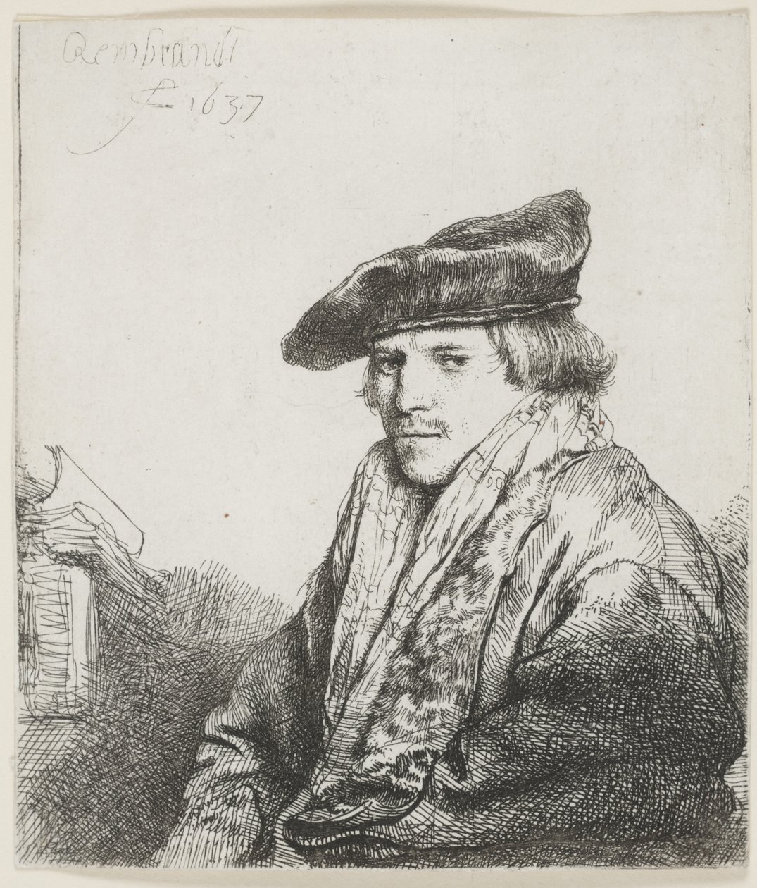Junger Mann mit Samtmütze und Büchern neben sich von Rembrandt van Rijn