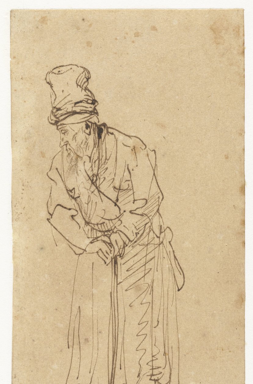 Alter Mann, der auf einem Stock lehnt von Rembrandt van Rijn (school of)