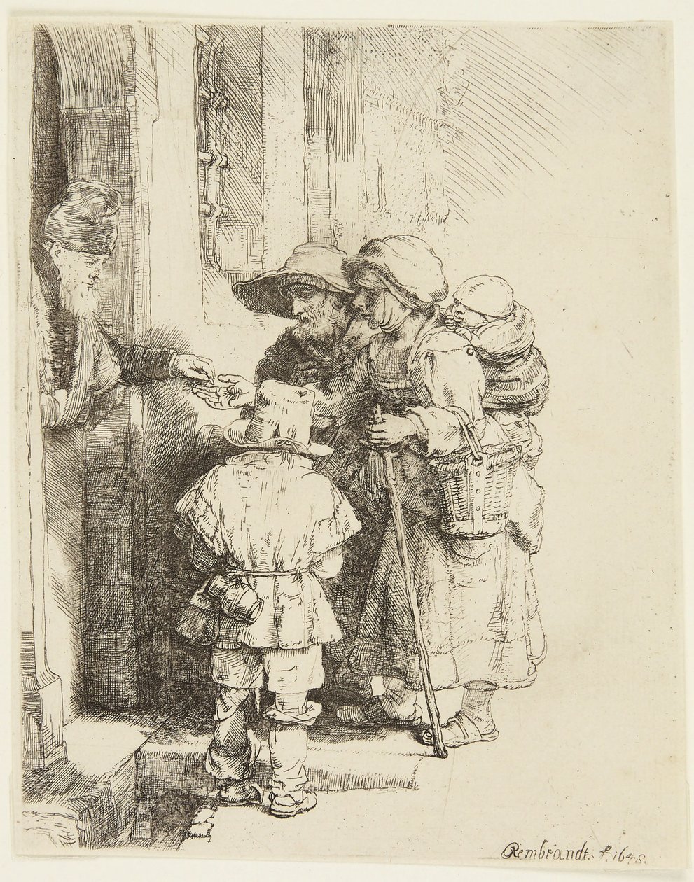 Ein blinder Drehleierspieler und Familie erhalten Almosen von Rembrandt van Rijn