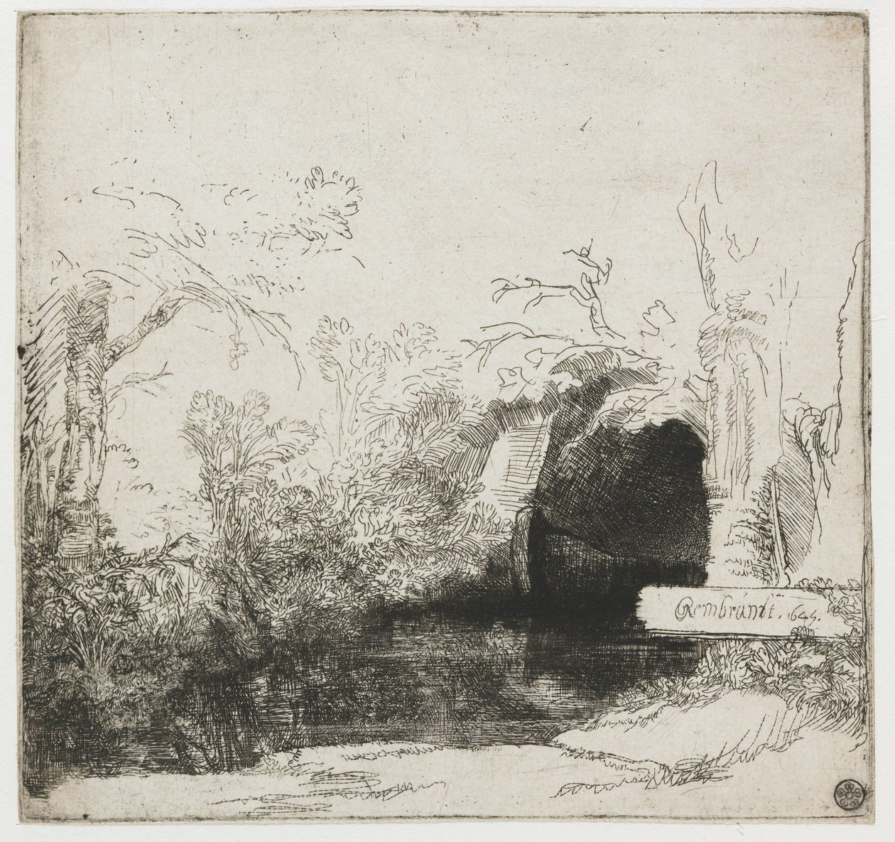 Ein Bach mit einer Grotte und einem Boot von Rembrandt van Rijn