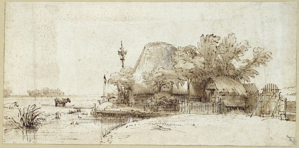 Ein Bauernhof an einem Bach von Rembrandt van Rijn