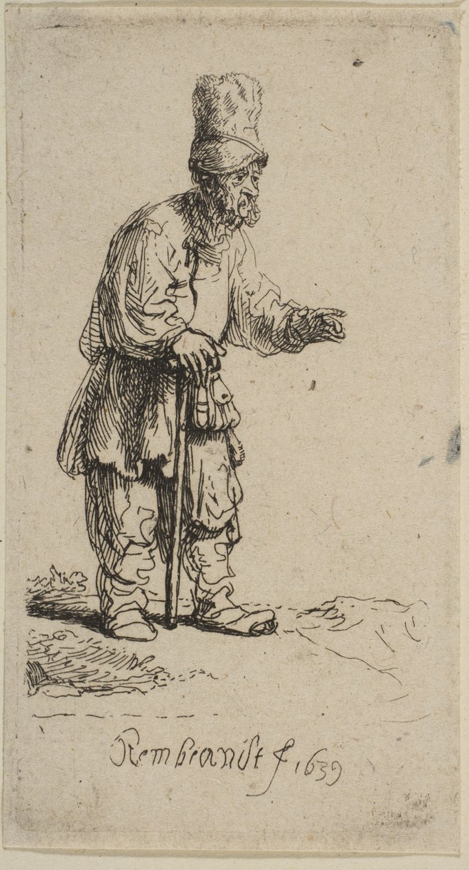 Ein Bauer mit hoher Mütze, der auf einem Stock lehnt, 1639 von Rembrandt van Rijn