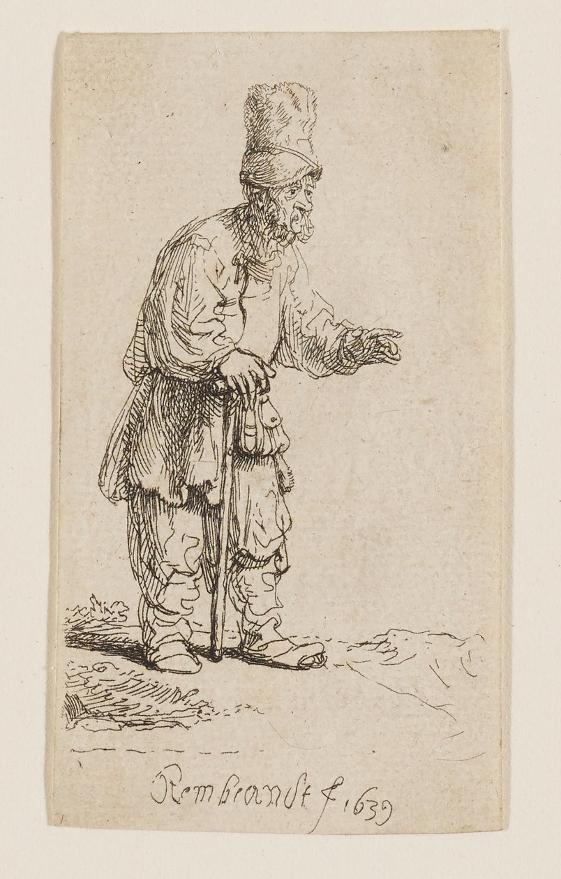 Ein Bauer mit hoher Mütze, stehend und auf einen Stock gelehnt von Rembrandt van Rijn