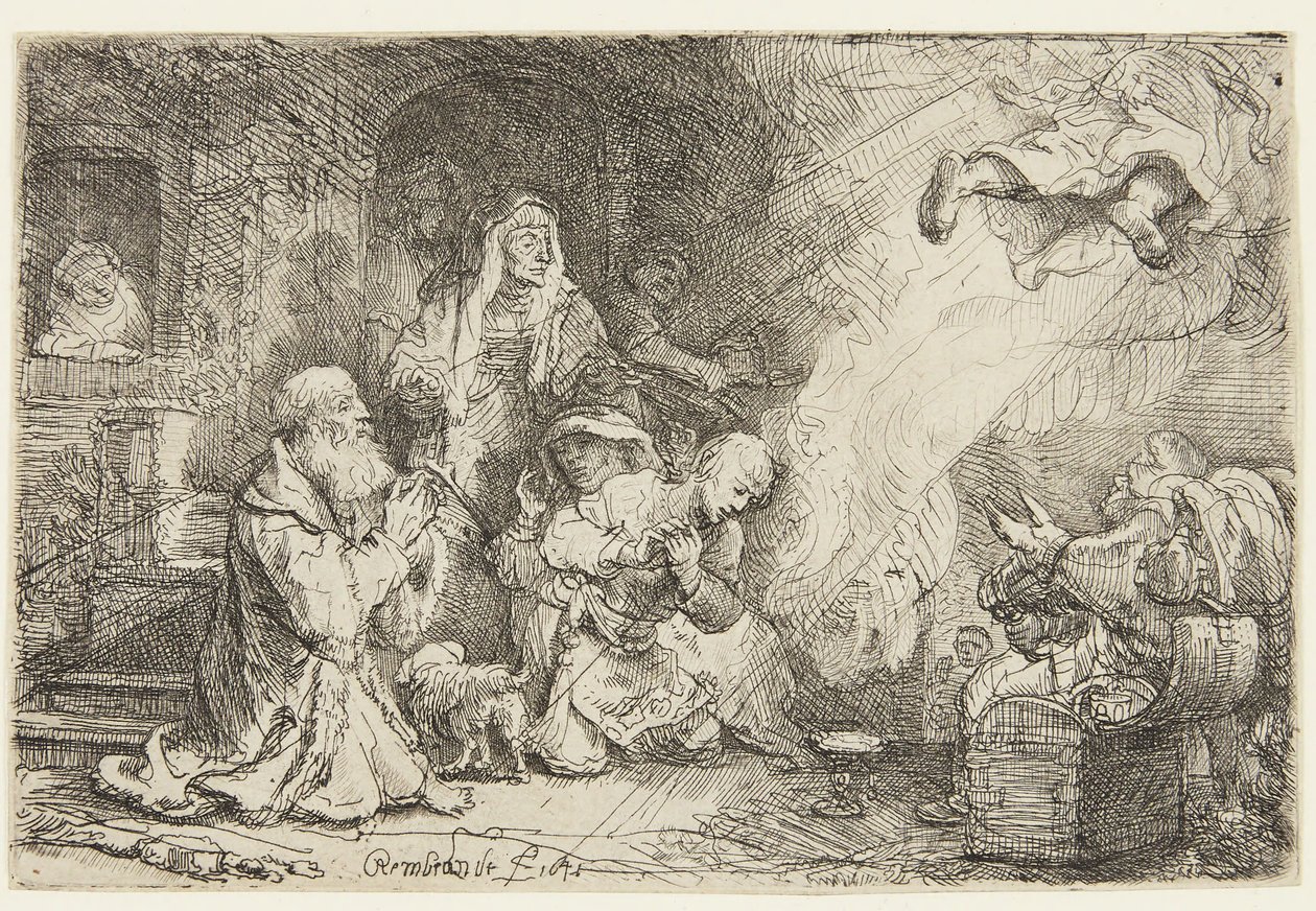 Engel, der sich von der Familie des Tobias entfernt von Rembrandt van Rijn