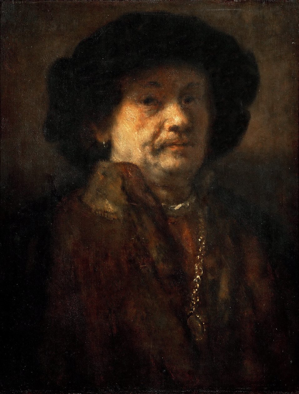 Selbstporträt im Pelzmantel mit Goldkette und Ohrring von Rembrandt van Rijn