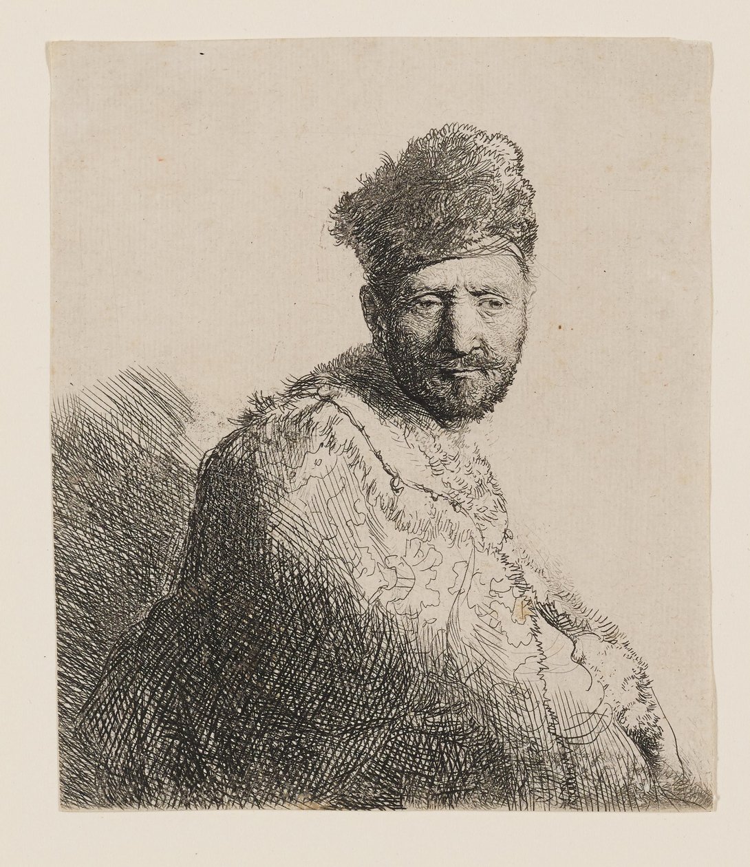 Bärtiger Mann mit orientalischer Pelzmütze und Robe: Halbfigur von Rembrandt van Rijn