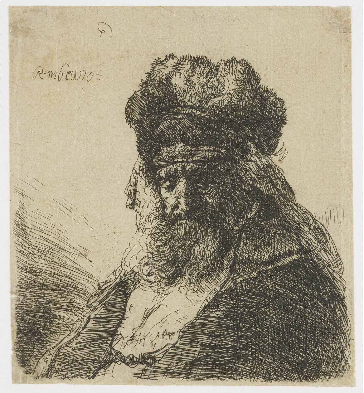 Bärtiger alter Mann mit hoher Pelzmütze und geschlossenen Augen von Rembrandt van Rijn
