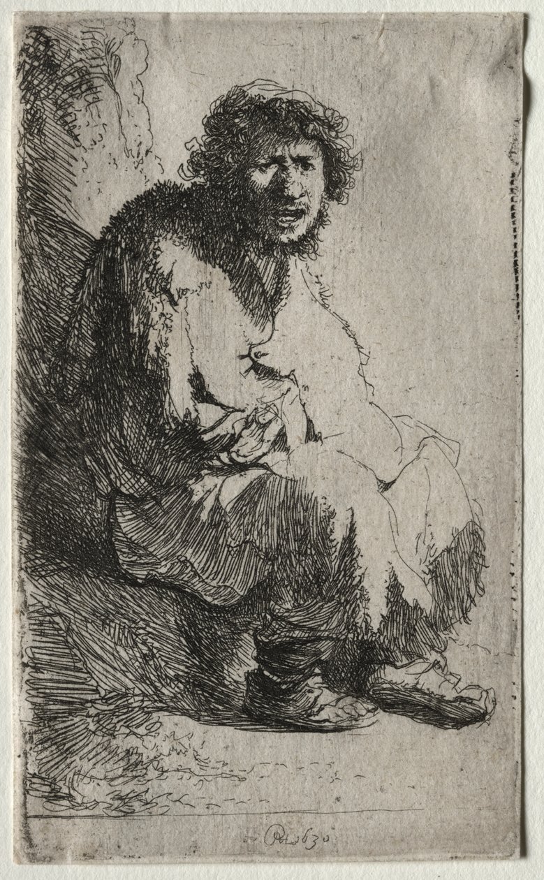 Bettler, der auf einem Ufer sitzt von Rembrandt van Rijn