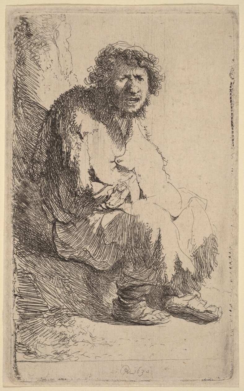Bettler auf einer Bank sitzend von Rembrandt van Rijn