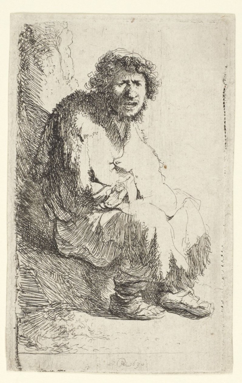 Bettler auf einer Bank sitzend von Rembrandt van Rijn