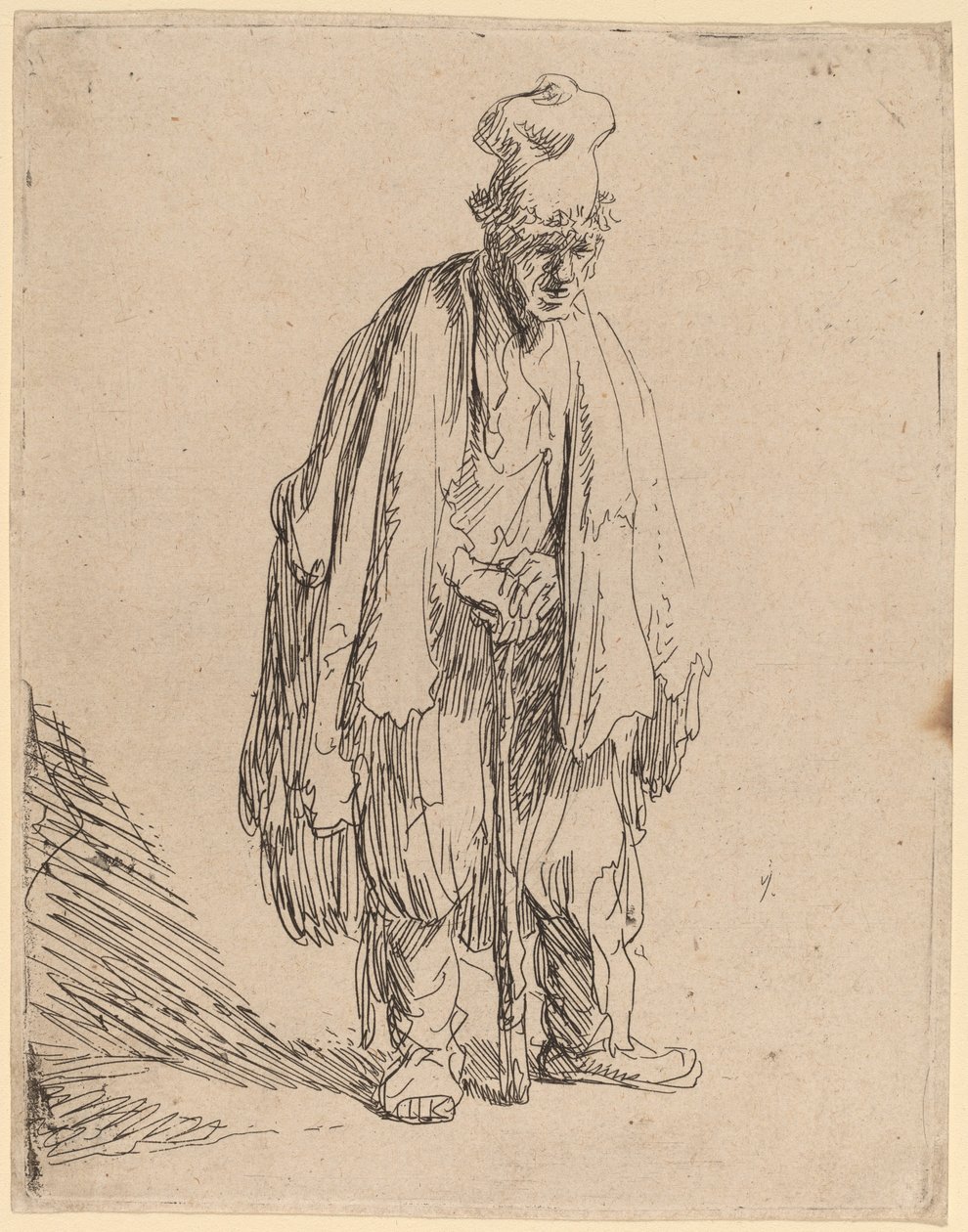 Bettler mit hoher Mütze, stehend und auf einen Stock gelehnt von Rembrandt van Rijn