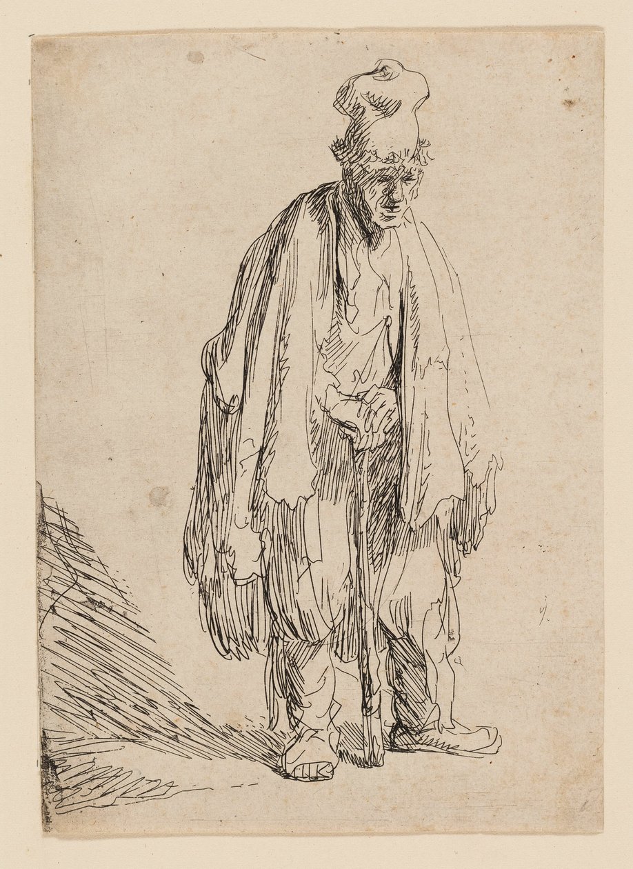 Bettler mit hoher Mütze, stehend und auf einen Stock gestützt von Rembrandt van Rijn