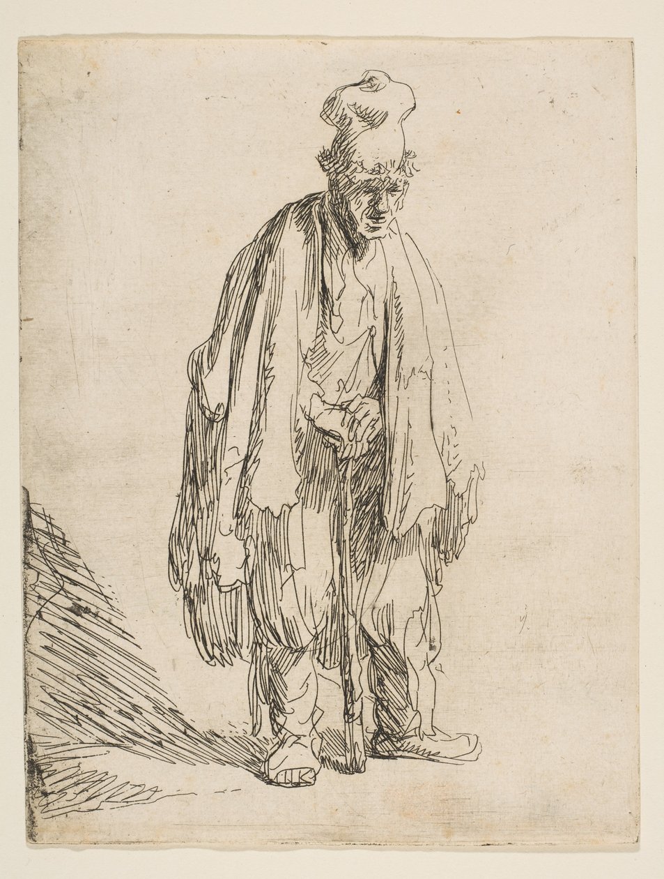 Bettler mit hoher Mütze, stehend und auf einen Stock gestützt, ca. 1629 von Rembrandt van Rijn