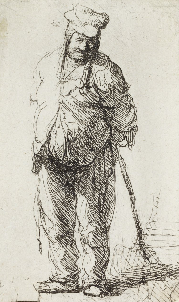Bettler, der sich auf einen Stock stützt von Rembrandt van Rijn