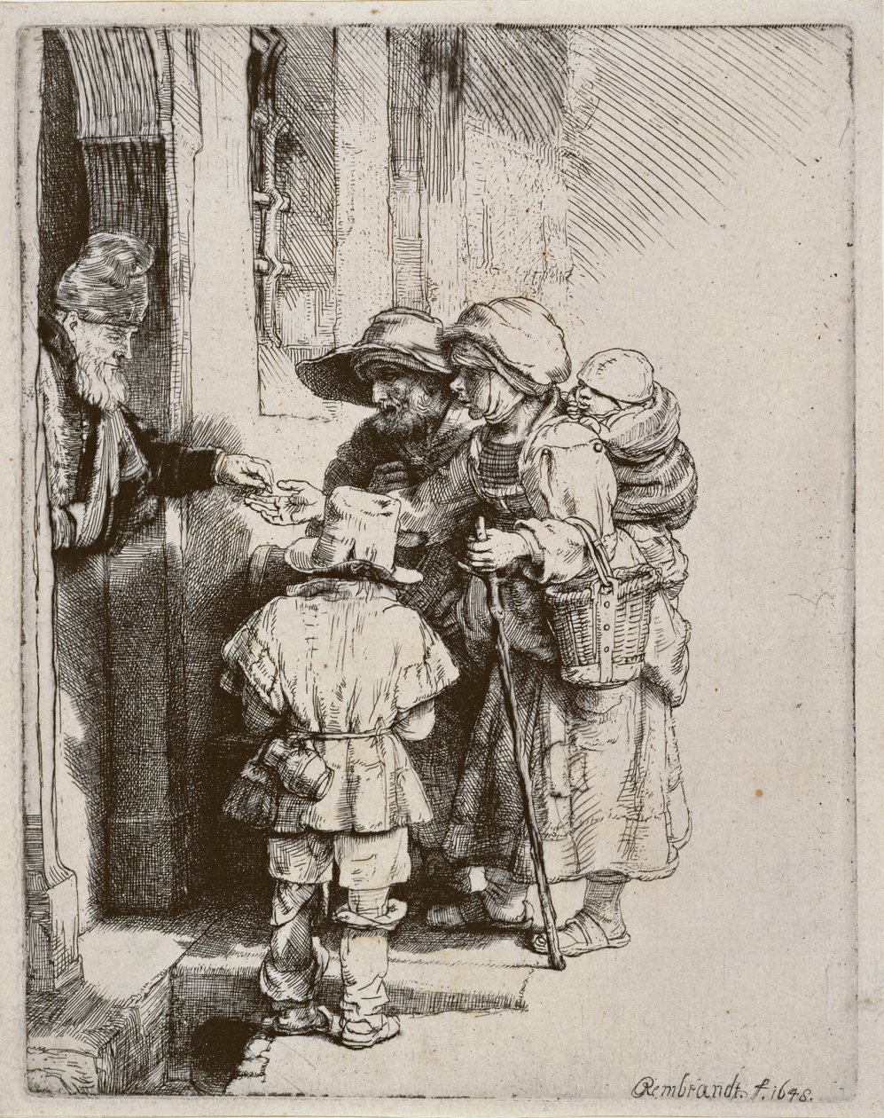 Bettler, die Almosen an der Tür eines Hauses empfangen, 1648 von Rembrandt van Rijn