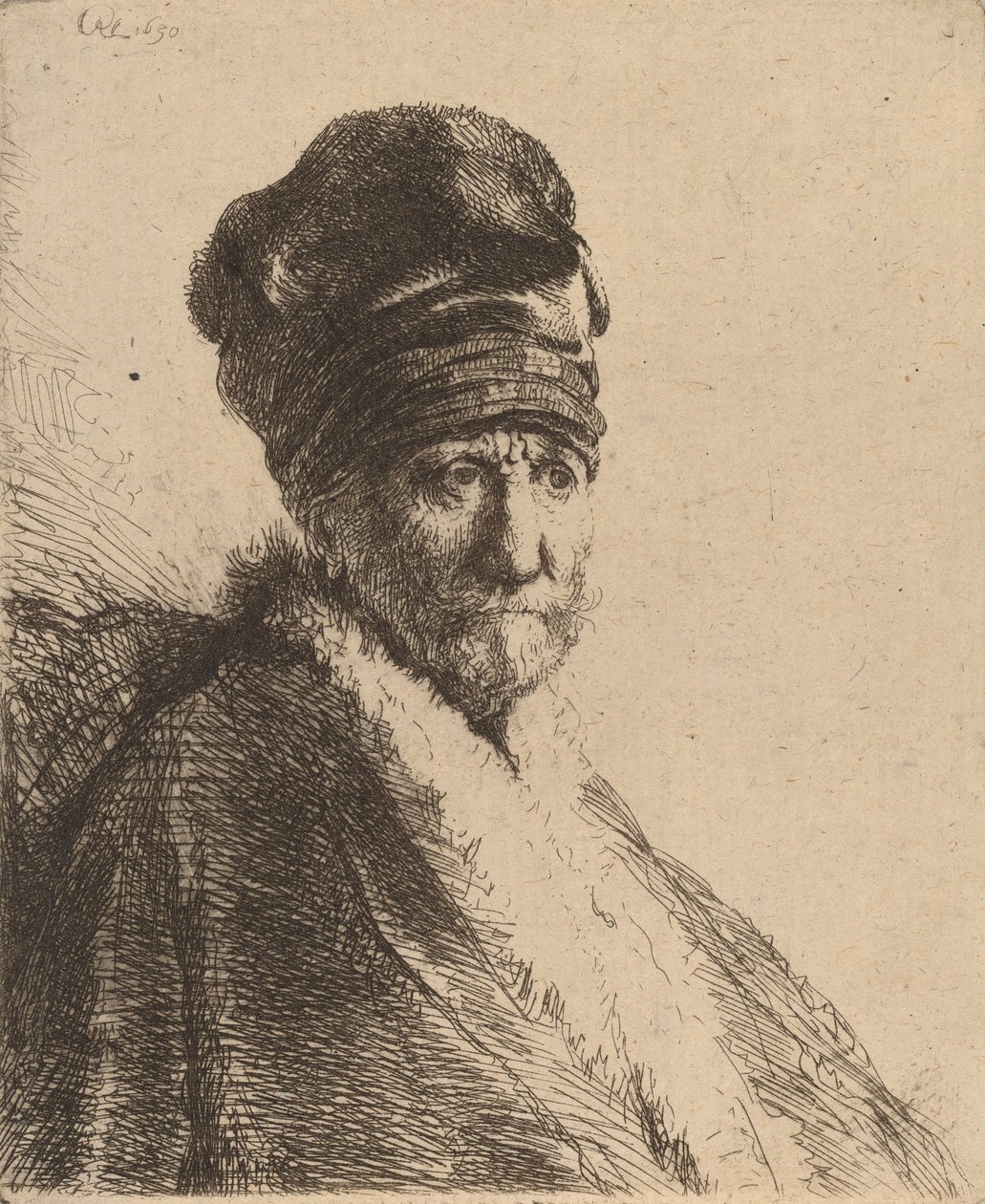 Büste eines Mannes mit hohem Hut, Dreiviertel rechts (Vater des Künstlers) von Rembrandt van Rijn