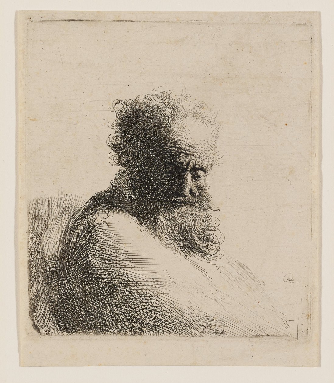 Büste eines alten bärtigen Mannes, der nach unten schaut, Dreiviertelansicht rechts von Rembrandt van Rijn
