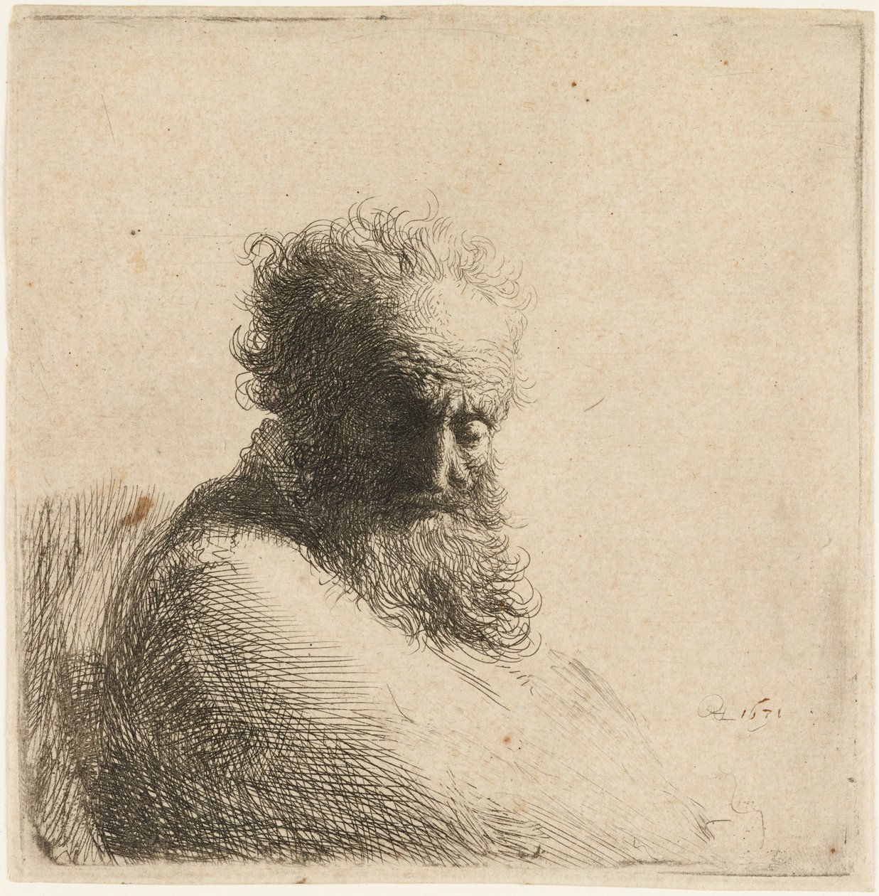Büste eines alten bärtigen Mannes, der nach unten schaut, drei Viertel rechts von Rembrandt van Rijn