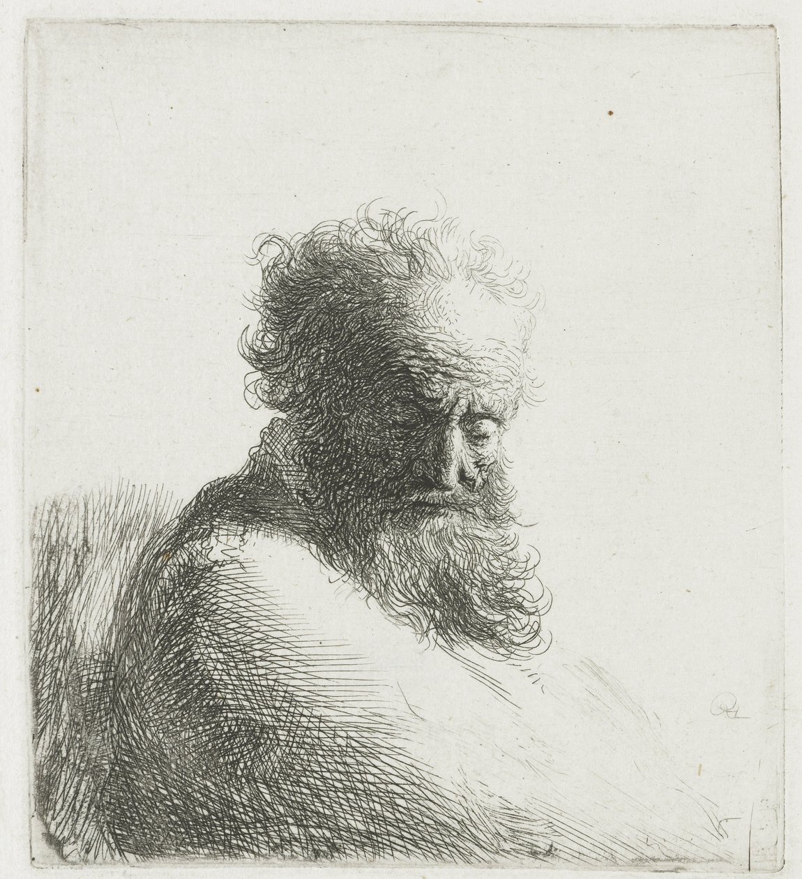 Büste eines alten bärtigen Mannes, der nach unten schaut, drei Viertel rechts von Rembrandt van Rijn