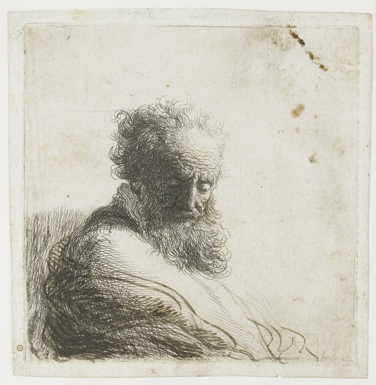 Büste eines alten bärtigen Mannes, der nach unten schaut, drei Viertel rechts von Rembrandt van Rijn