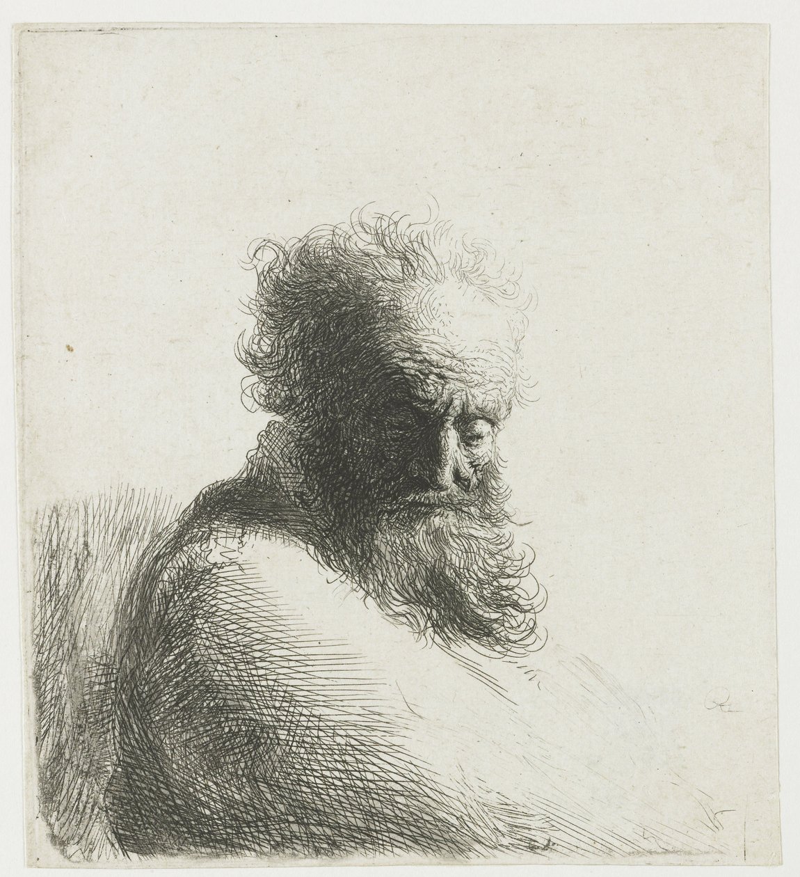 Büste eines alten bärtigen Mannes, der nach unten schaut, drei Viertel rechts von Rembrandt van Rijn