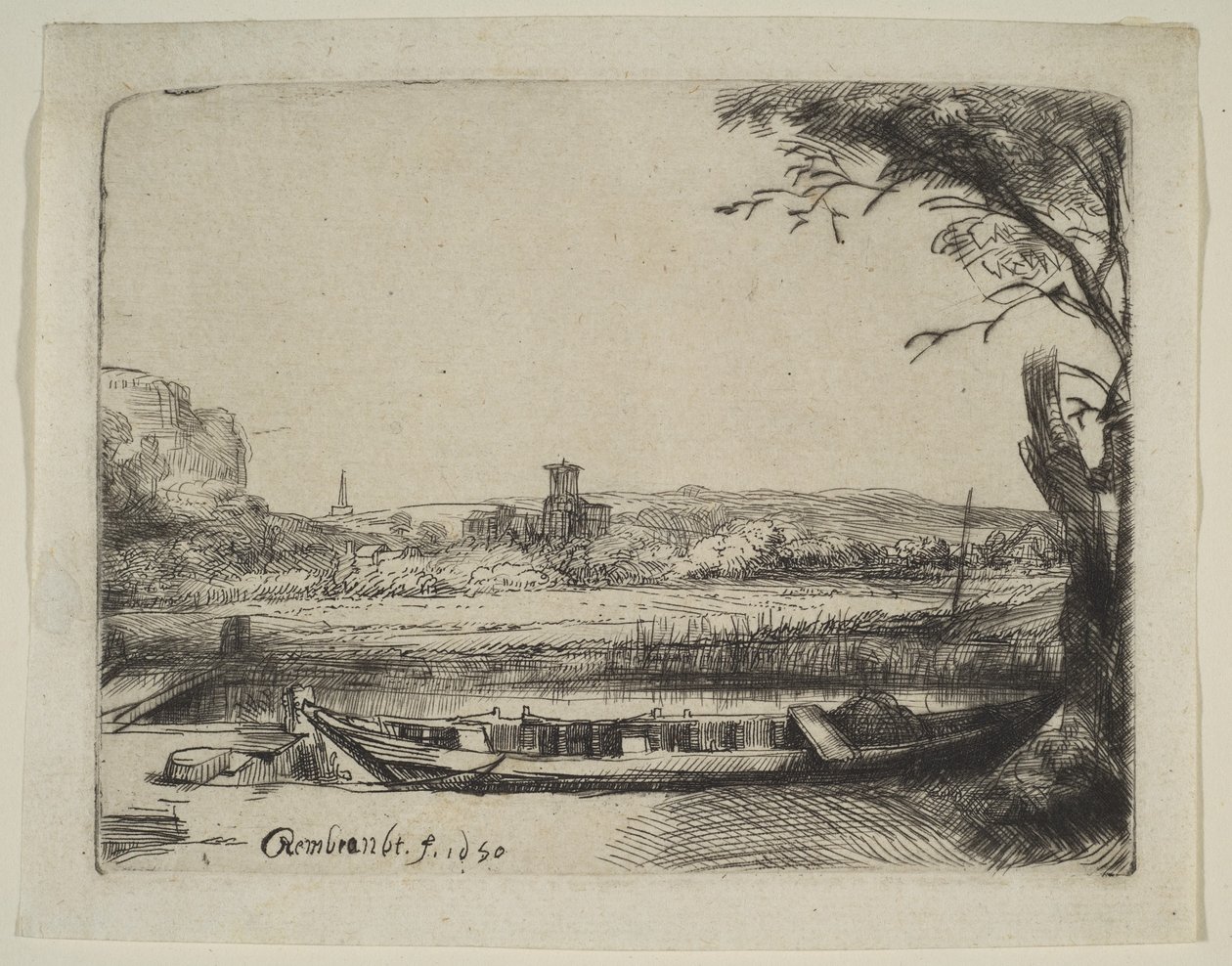 Kanal mit einem großen Boot und einer Brücke, 1650 von Rembrandt van Rijn