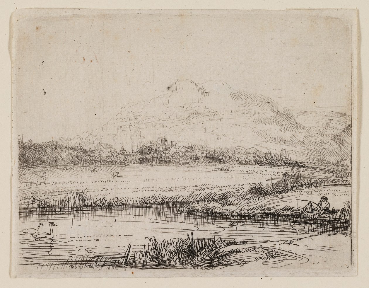 Kanal mit einem Angler und zwei Schwänen von Rembrandt van Rijn