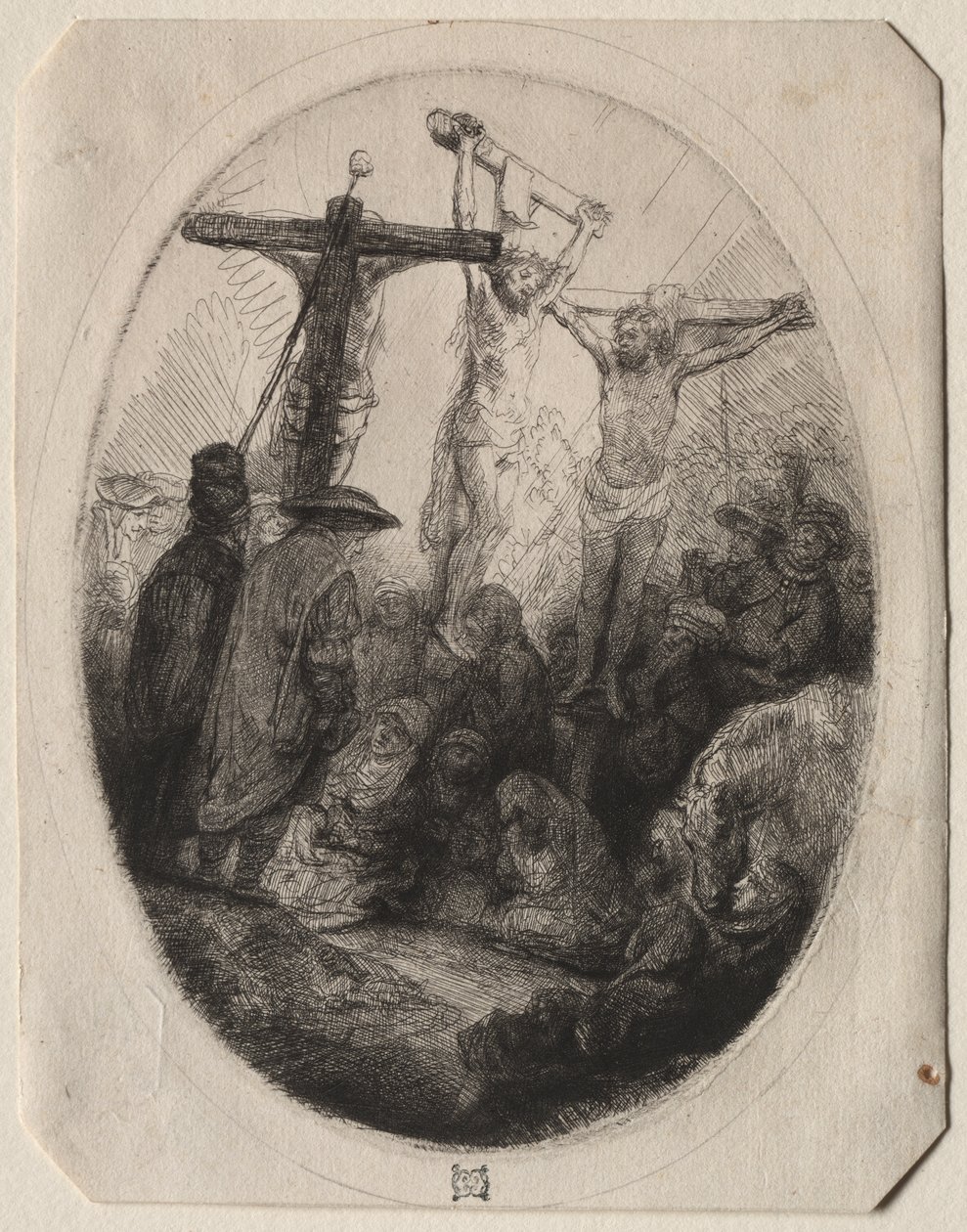 Christus gekreuzigt zwischen zwei Dieben: Ein ovaler Teller von Rembrandt van Rijn