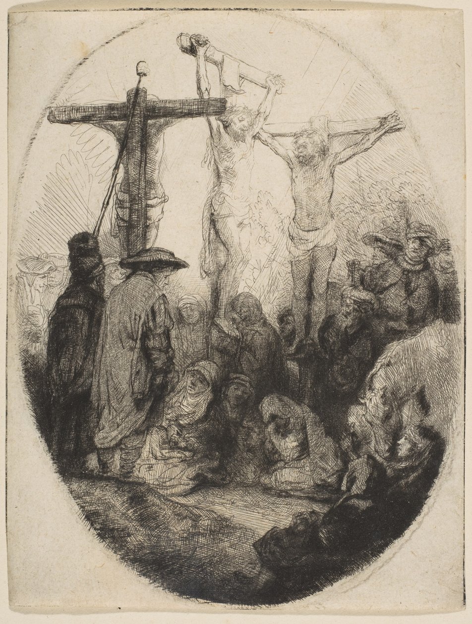 Christus gekreuzigt zwischen zwei Dieben, ovale Platte, ca. 1641 von Rembrandt van Rijn