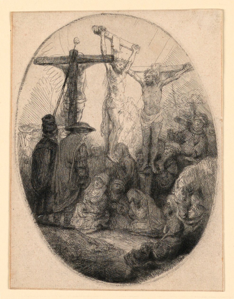 Christus gekreuzigt zwischen den beiden Dieben: Eine ovale Platte von Rembrandt van Rijn