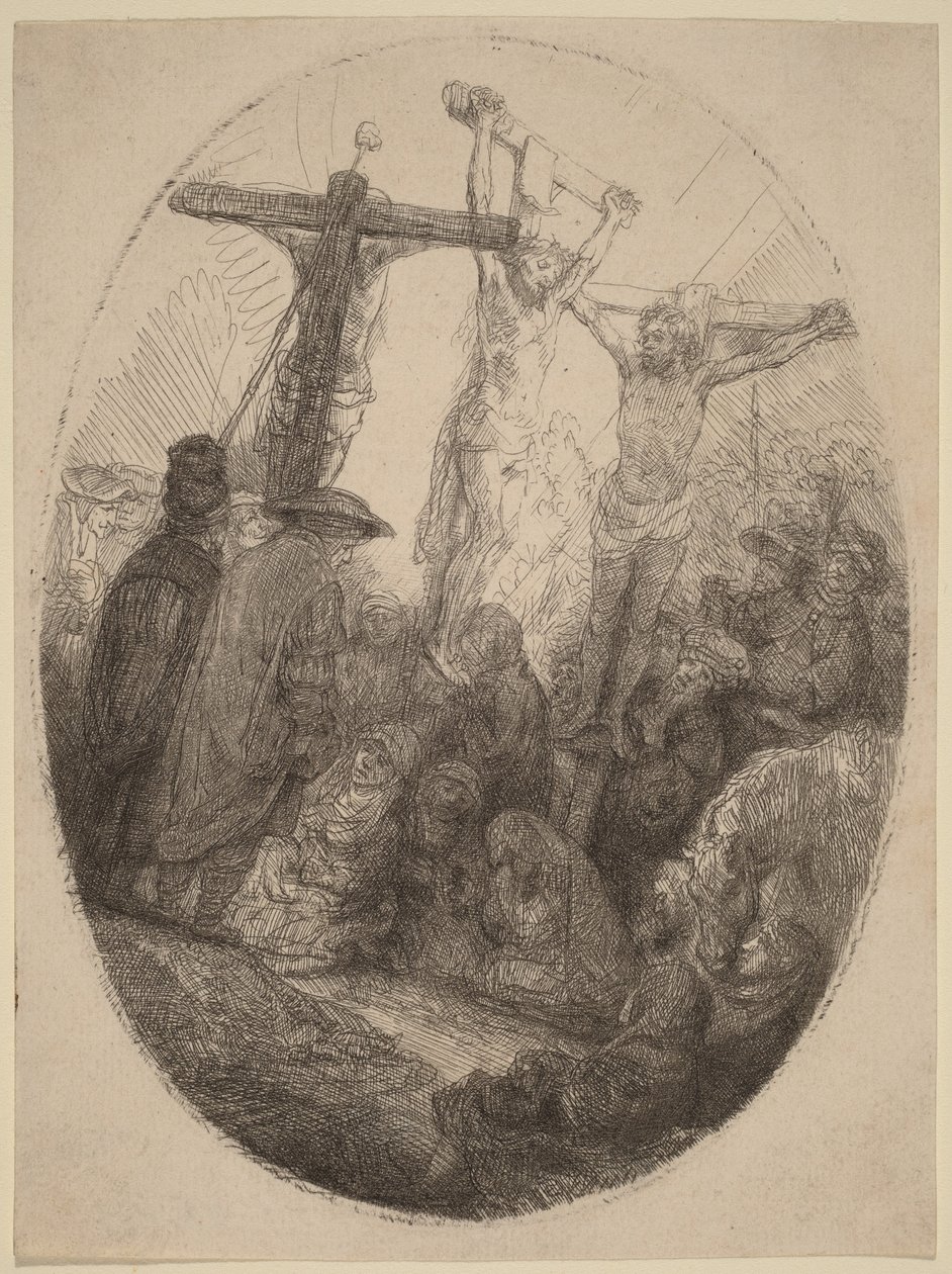 Christus gekreuzigt zwischen den beiden Dieben: ein ovaler Teller von Rembrandt van Rijn
