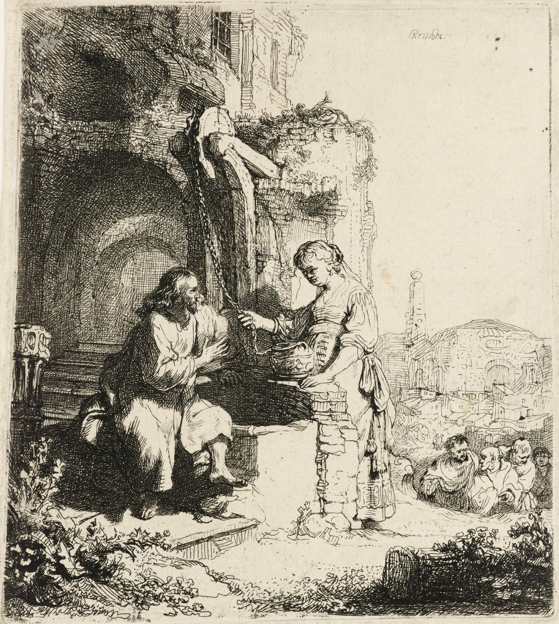 Christus und die Frau von Samaria unter Ruinen [Johannes 4:5-20], 1634 von Rembrandt van Rijn